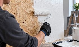 man schildert met roller met witte verf een osb plaat